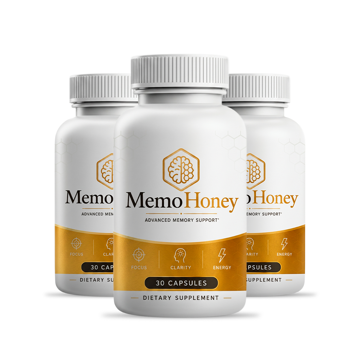 Three bottles of MemoHoney cognitive-health and cognitive support capsules